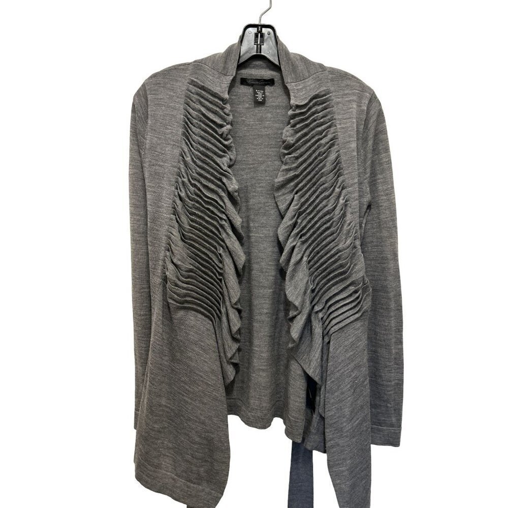 Women's Kenneth Cole Wool Gray Ruffled Front Cardigan Jacket Belt Size Small